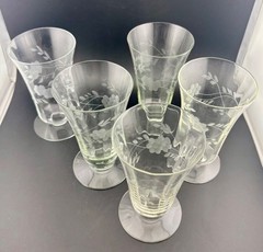 Vintage Floral Etched Glass Footed Iced Tea Glasses Set of 5