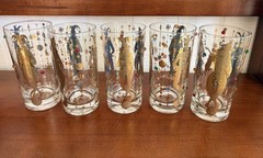 Set of 5 Vintage Culver Jeweled 22k Gold Mardi Gras Jester High Ball Glasses