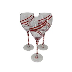 Set of 3 Pier 1 Swirline Ruby Red Swirl Wine Glasses Balloon Stemmed 9 in Tall