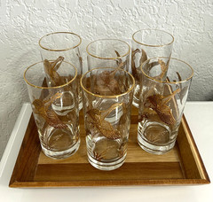 Vintage Libbey Drinking Highball Glasses Gold Embossed Geese Flying . Set of 6.