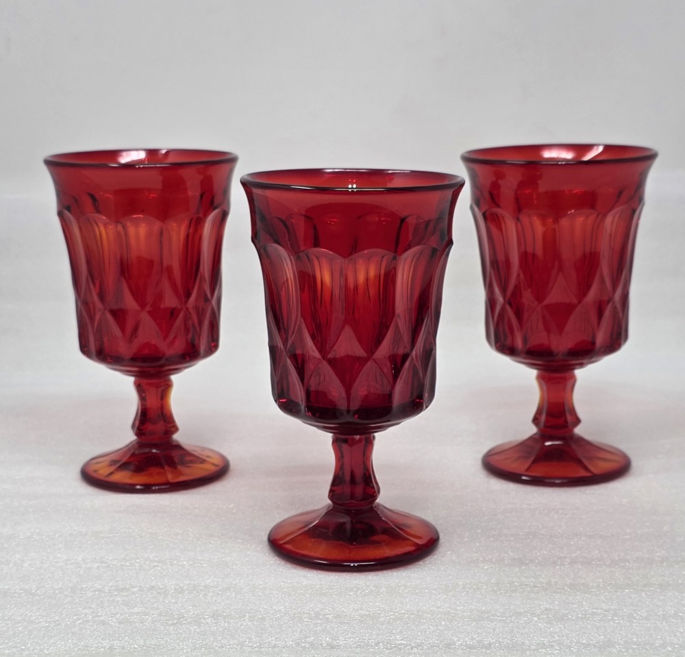 3 Noritake Perspective Ruby Iced Tea Glasses With Thumbprint & Panel Design