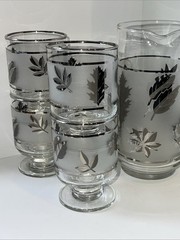 Atomic Era MCM Silver Leaf Frosted Glass Pitcher +4 Goblets VTG Cocktail Bar Set