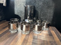 Vintage 6 Glass set 4oz Rocks Silver Rim Glasses & Carafe Pitcher Dorothy Thorpe