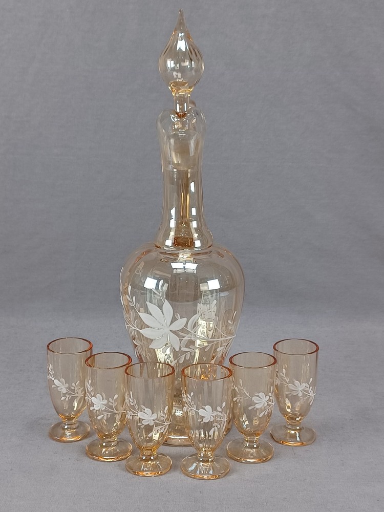 Bohemian Hand Enameled White Floral Optic Molded Amber Glass Liquor Cordial Set