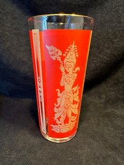 Vintage Culver Thai Goddess Gold Asian Figures on Red Panels Clear Glass Tumbler