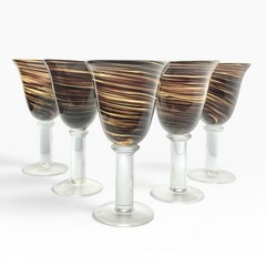 5 Handblown Murano-style Brown Amber Swirl Water or Wine Goblets 8 1/4” 14oz