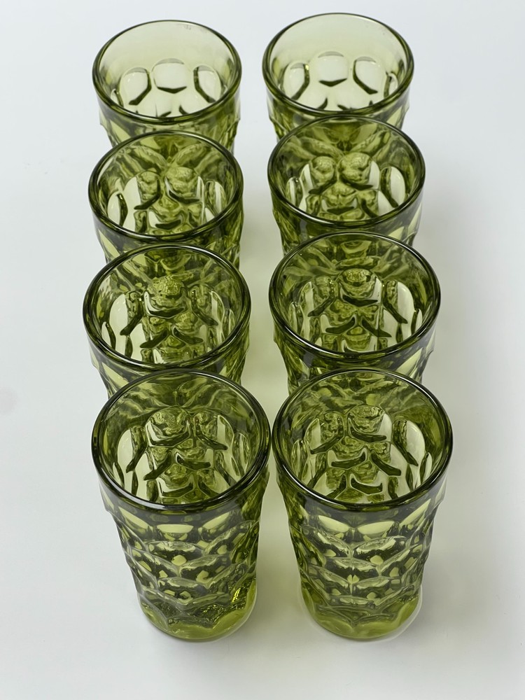 Vintage Anchor Hocking, 4” Lido Milano Juice Glass, Avocado Green, Lot of 8