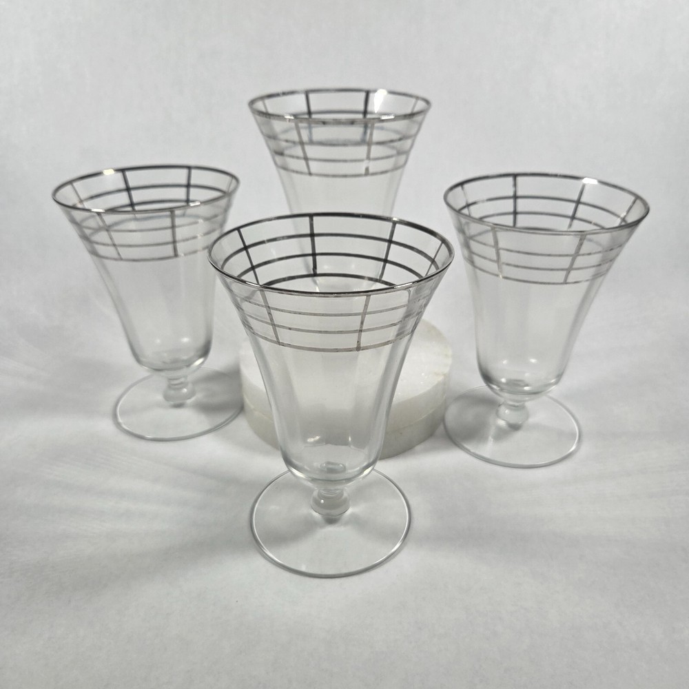 Vintage Uranium Glass Set of 4 Goblets Silver Overlay Art Deco Glasses