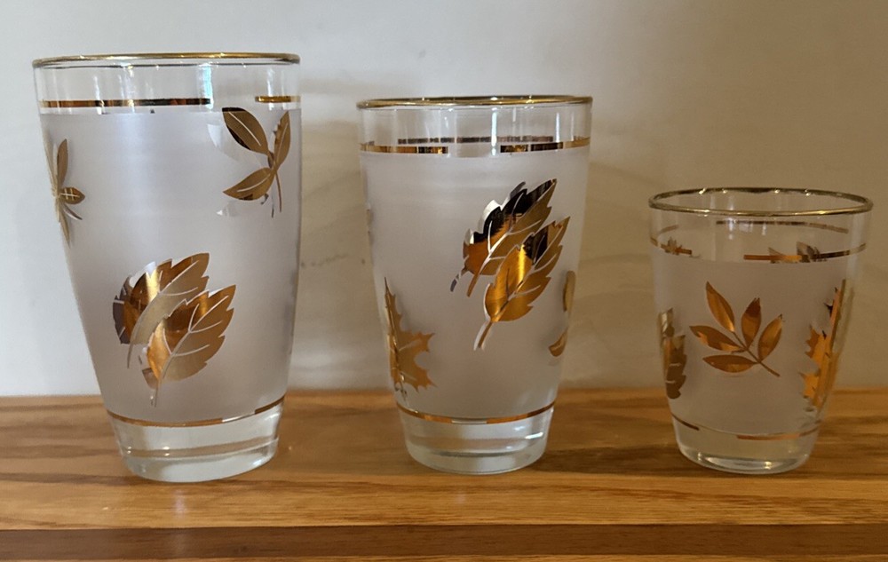 VTG 1960’s-70’s Libbey Glassware Frosted Gold Leaf Autumn Fall Glass 3 Sizes Set