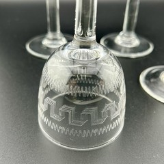 Antique Greek Key Etched Wine Sherry Cordials Set 4 c1900 EAPG 4⅛» Edwardian