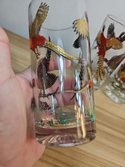 Vintage MCM Red Gold Ringneck Pheasant Tall Barware Glasses Set of 3