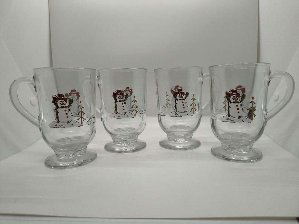 Set Of 4 Snowmen Hats Glasses Footed Mugs Libbey Cups 10 Oz No Chips Or Cracks