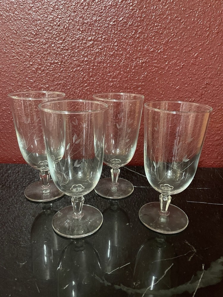 Vintage Etched Floral Water Goblets Clear Glass Stemware Set of 4 6.5”
