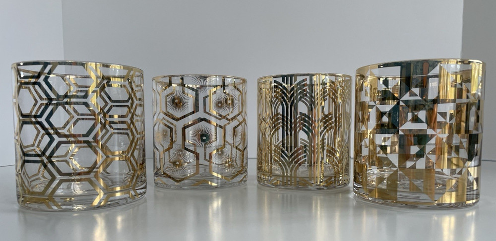 Set of 4 Rosanna Art Deco Double Old Fashioned Gilded Gold Glasses