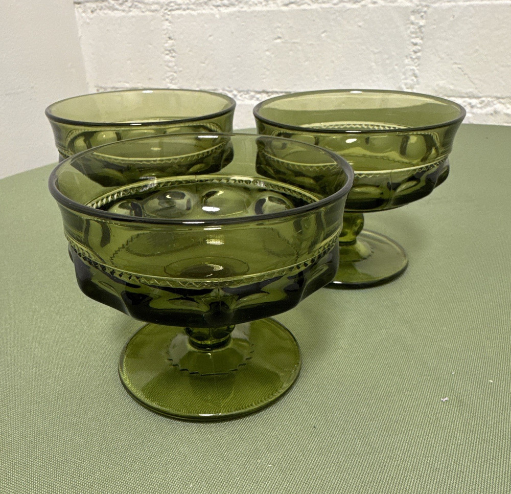 Unmarked Green Glass Goblets Set of 3, 4 oz, 3.5in Tall, 4in Dia