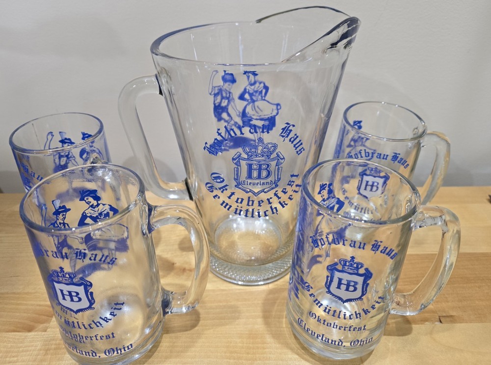 Cleveland Ohio HB Hofbrau Haus Gemutlichkeit Oktoberfest Pitcher and 4 Mug Stein