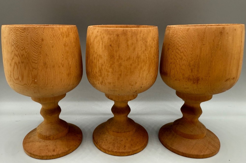 VINTAGE ESTATE WOODEN GOBLET SET 3 SIGNED