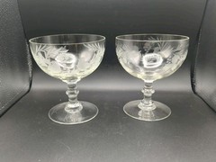 2 Pc Etched Glasses Birds & Foliage ARE20 By Arcadia 5 1/4″ X4 3/4″ Great Gadsby