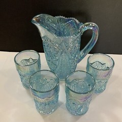 Vintage Imperial Ice Blue Pitcher And 4 Tumblers Iridescent Set Glass NOS #13