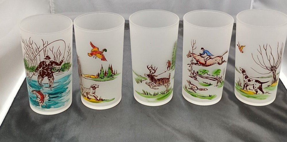 Libbey Rare Vintage Frosted Hunt Fish Bird Dog Tumbler Glasses 10 oz Lot Of 5