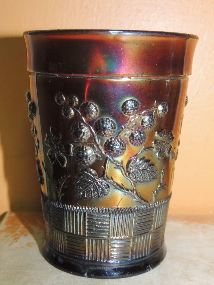 Antique Northwood Raspberries Carnival Glass 4″+ Tumbler Purple/ Amethyst Marked