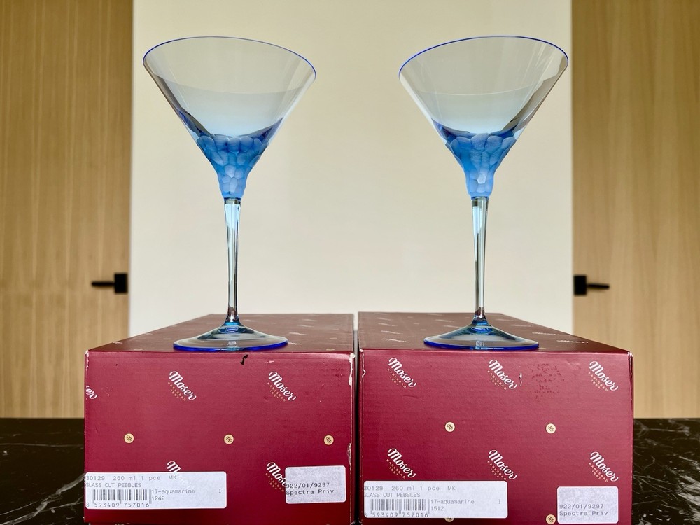 Moser Pebbles Aquamarine Blue Cocktail Martini Glass 8.8 oz Pair BNIB