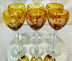 Cut to Clear Glass Crystal 8” Set of 6 Nachtmann Amber Yellow Hock Wine Glasses.
