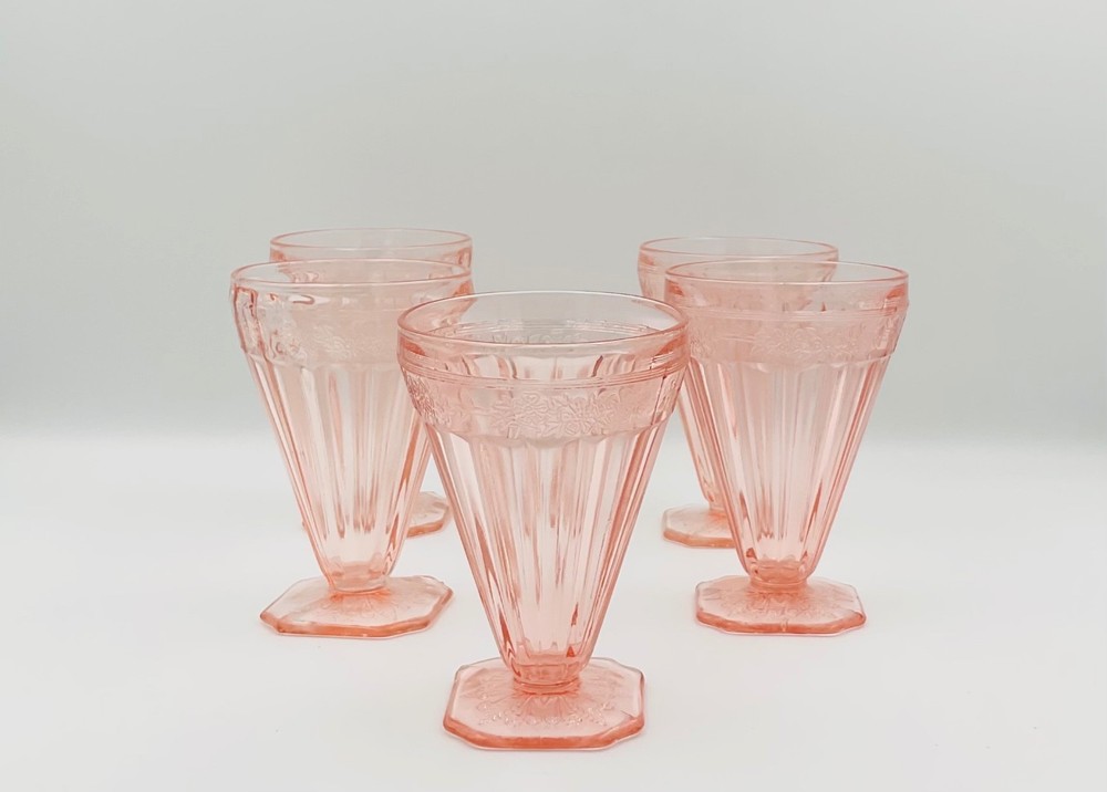 Vintage Jeannette Glass Pink Floral Blossom Square Footed Tumbler – Set of 5