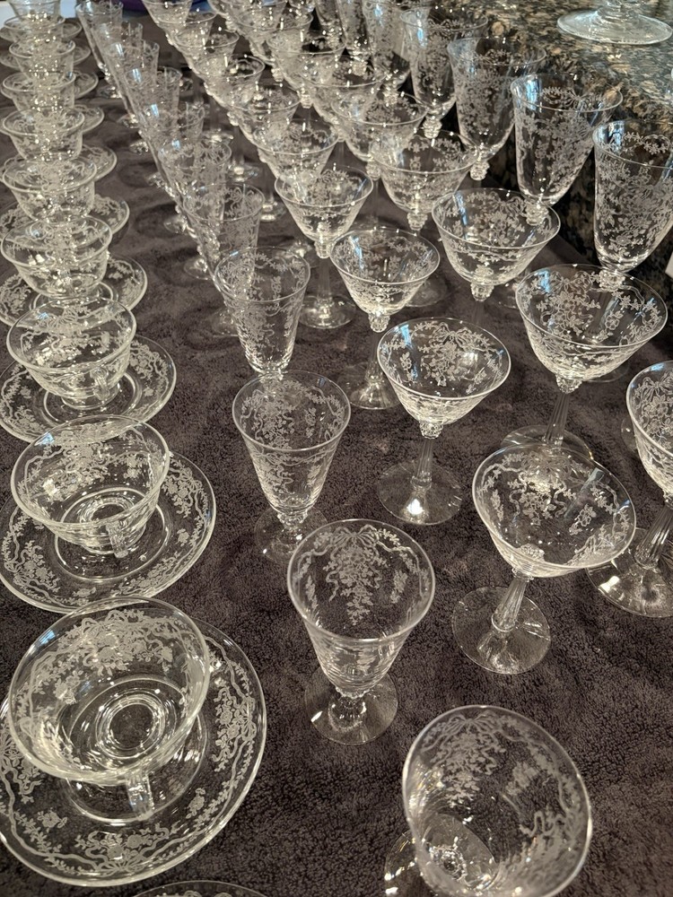 Vintage Fostoria Romance Etched Crystal Glassware 100 Piece Set – Excellent Cond