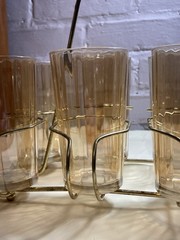 Vintage Set of 8 Blush Tumblers w/ Brass Tone Carrier Mid Century MCM Barware