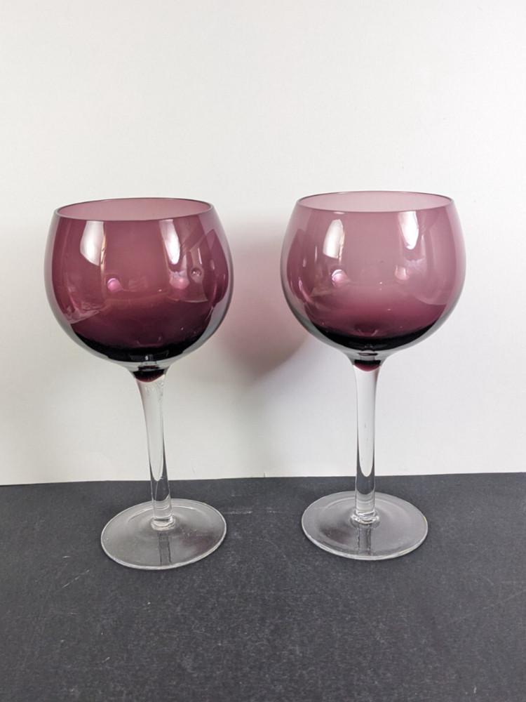 14oz Amethyst Purple Glass Crystal Goblets Clear Stem Pair Wine Water Glasses