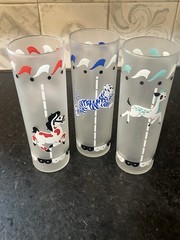Vintage MCM c.1950 s Libbey Frosted Glass Circus Animals Carousel 3Tumblers