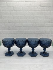 Vintage Set Of 4 Fostria Moonstone Dark Blue Wine Glasses 5” Goblets