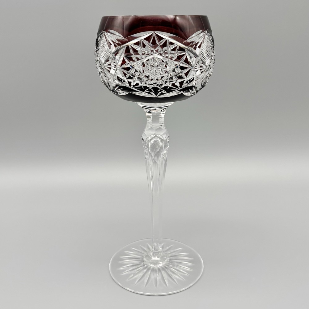 Amethyst Crystal Cut to Clear Starburst 8″ Air Bubble Stem Hock Wine Glass
