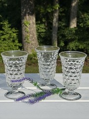4 Vintage Fostoria American Clear Footed 4 oz Juice Glasses 4-3/4″ Tall, Cubist