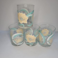 Culver Double Old Fasioned Rocks Glass Set Of 4 Pastel Floral Hibiscus vtg