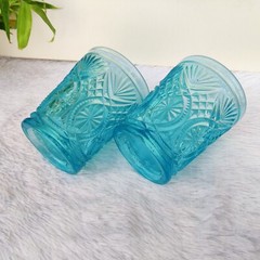 Vintage Aqua Blue Glass Tumbler Set of 2 Belgium Old Barware Collectible GT111