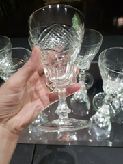 (7) WATER glasses Goblets Crystal, antique cut diamond crosshatch & fans