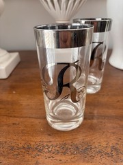 Pair Of Two Dorothy Thorpe Monogram Silver Rim Tall Bar Glasses Mid Century “R”