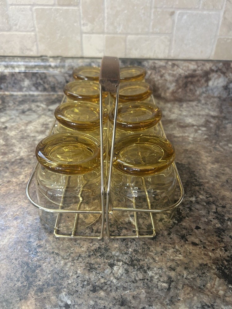 Set of 8 Vintage MCM Harvest Gold Low Ball Glasses w/Goldtone Metal & Wood Caddy