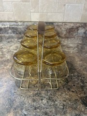 Set of 8 Vintage MCM Harvest Gold Low Ball Glasses w/Goldtone Metal & Wood Caddy