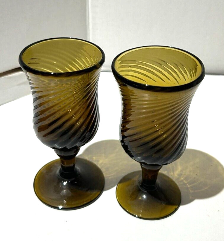 Hand Blown Swirled Amber Glass Goblets Mexican Glass Set of 2 5 1/2 Inches Tall