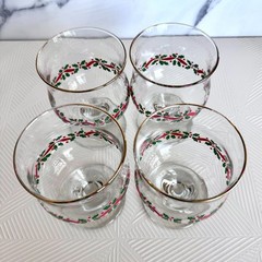 Vintage Libbey Holly Berry Red Ribbon Christmas Dessert Glass Goblet Set of 4