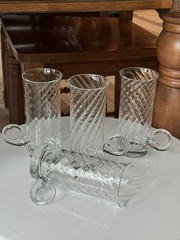 4 Optique Glass Irish Coffee Mugs By Essentials, Curled Handle EUC 5.75” Tall