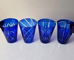 4 Cobalt Blue Cut To Clear Glasses Tumblers All Different Cut Patterns 4.75″