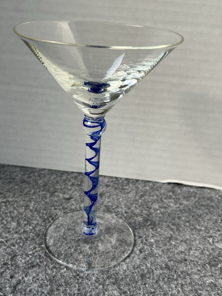 Cobalt Blue Spiral Swirl Stem Flared Rim Martini Glass 7” Tall. Preowned
