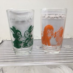 2 Vtg Kraft Swanky Swig Juice Glass Dog Cat RoosterBunny Kiddie Cups 4″ MCM
