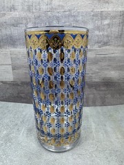 Vintage Culver Tivoli High Ball Glass Blue Enamel Dots Gold 5.5″ Tall