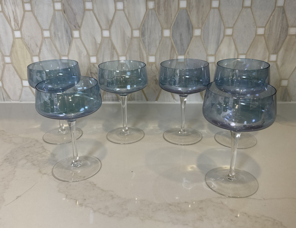 Set of 6 Cocktail Glasses Iridescent Blue Clear Stem Light Weight