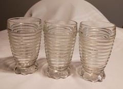 3 Vintage Anchor Hocking Clear Glasses. Horizontal Ribbed Sides And Beaded Base.